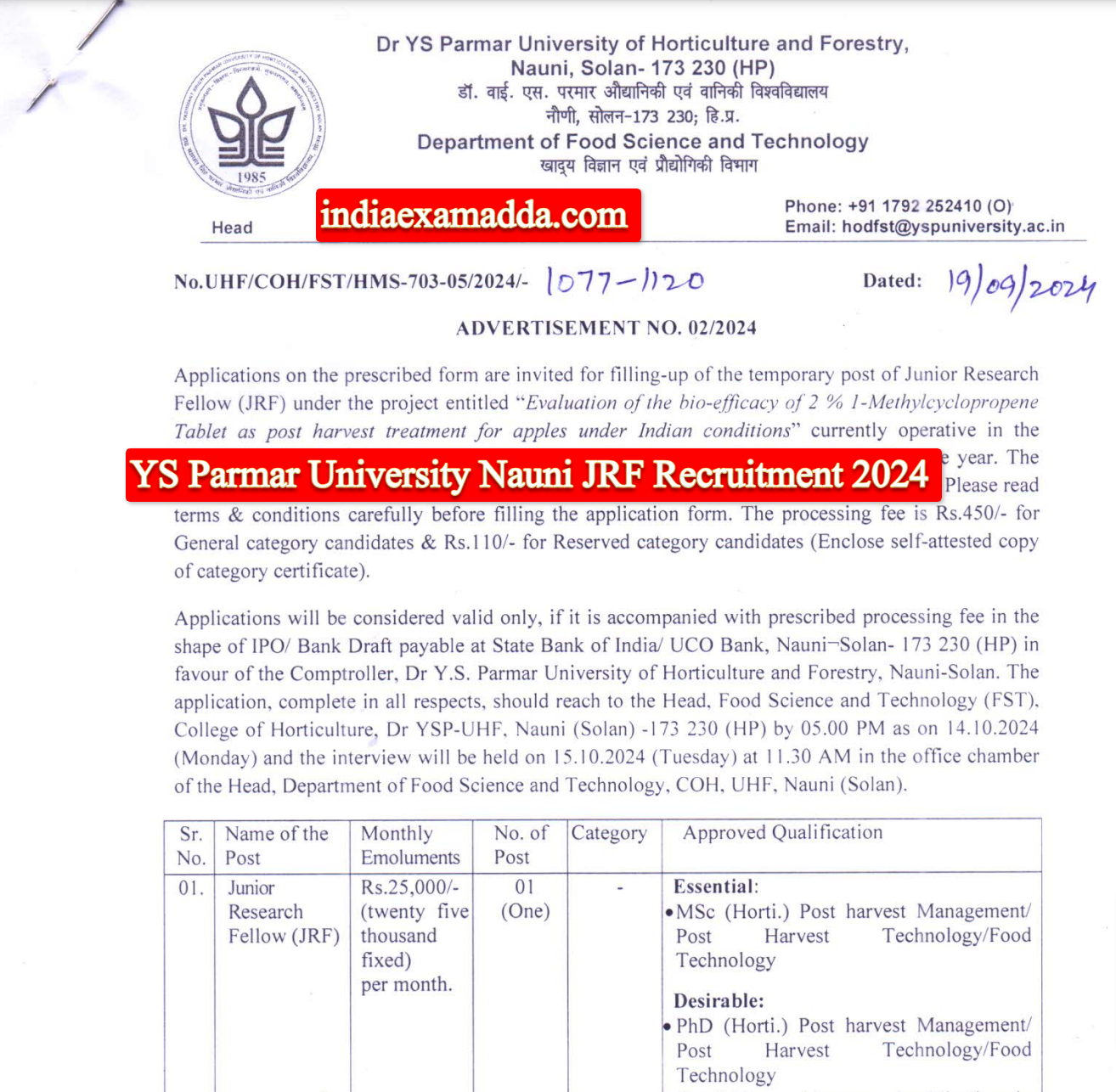 YS Parmar University Nauni JRF Recruitment 2024