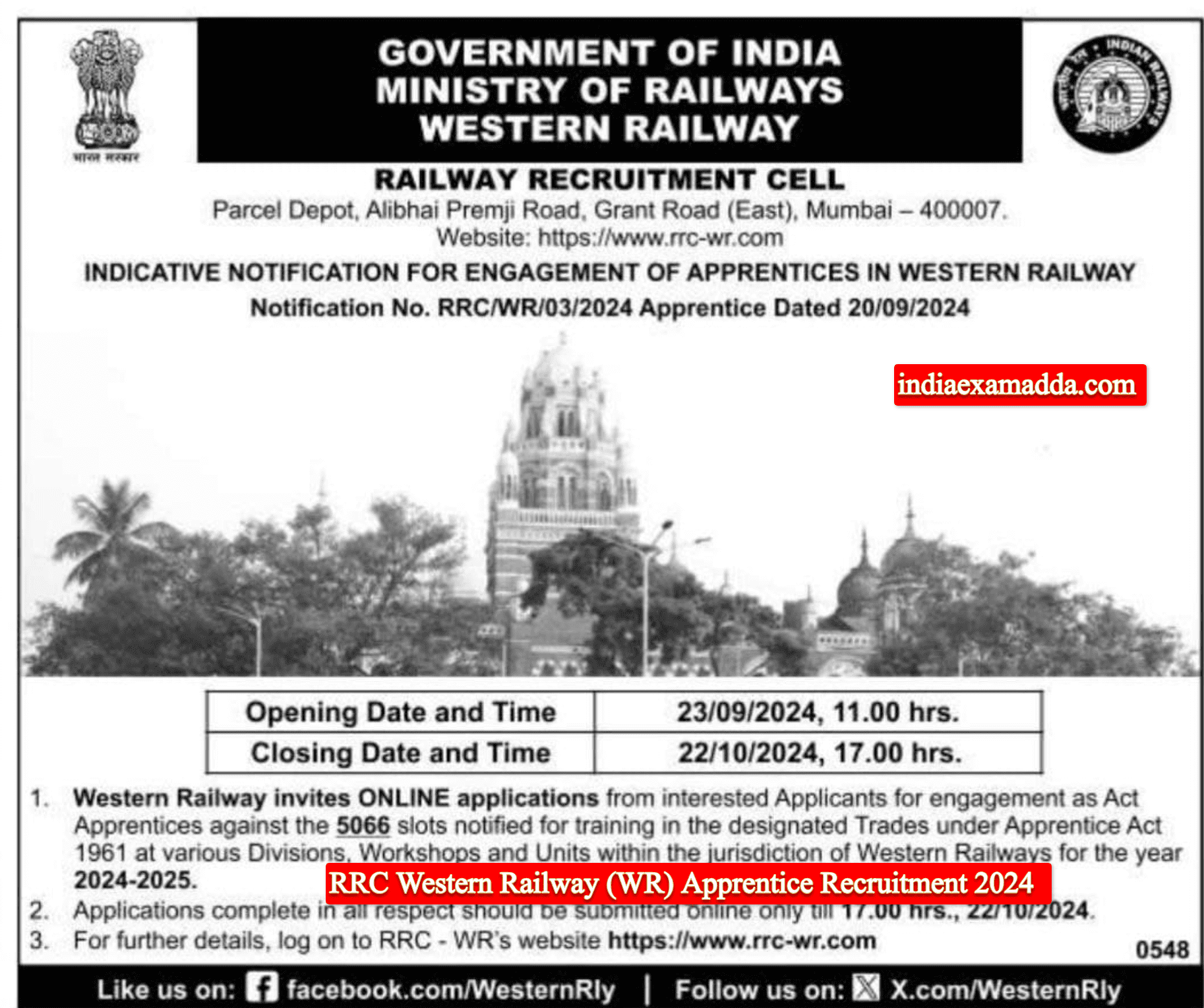 RRC Western Railway (WR) Apprentice Recruitment 2024 Notification Out