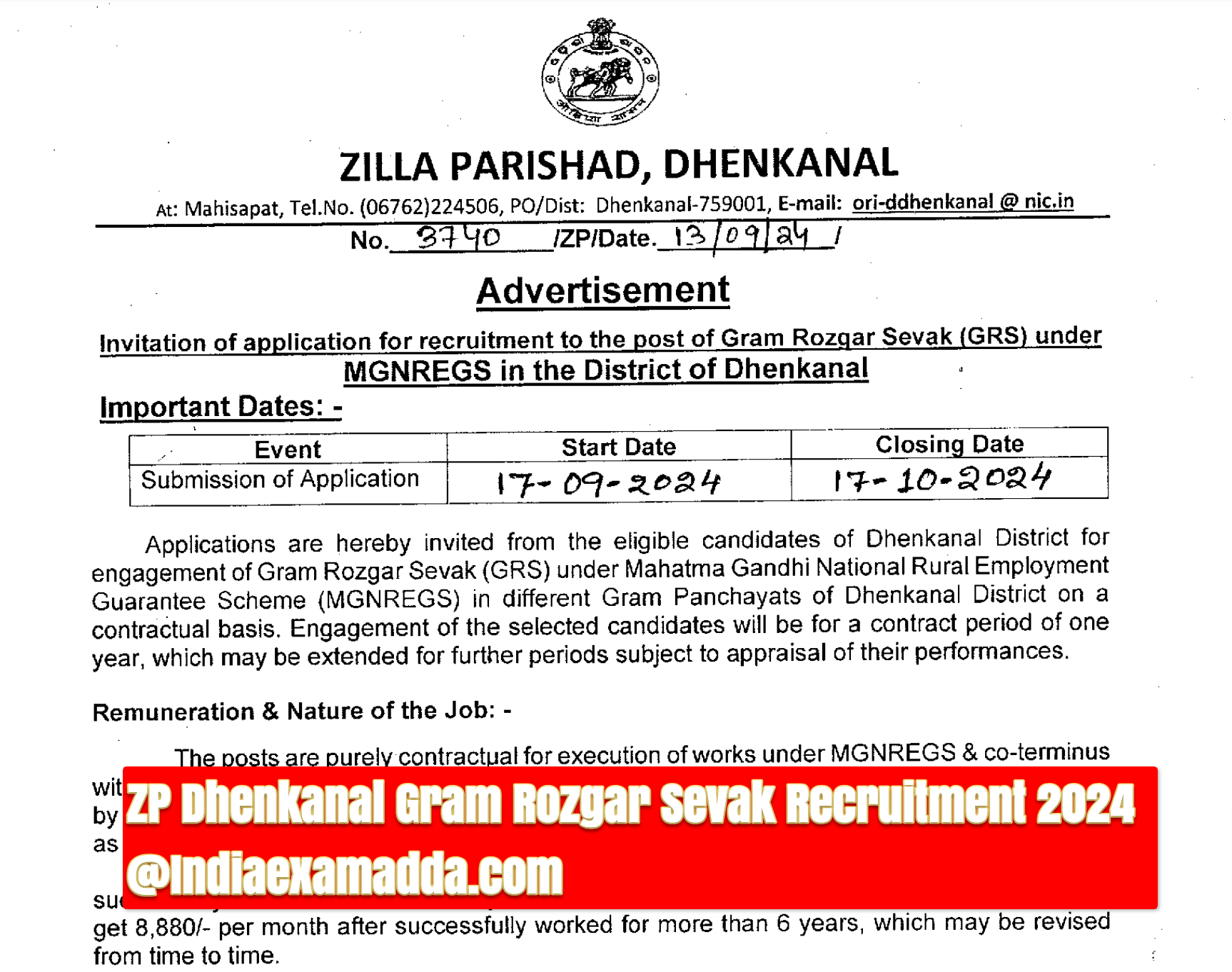 ZP Dhenkanal Gram Rozgar Sevak Recruitment 2024