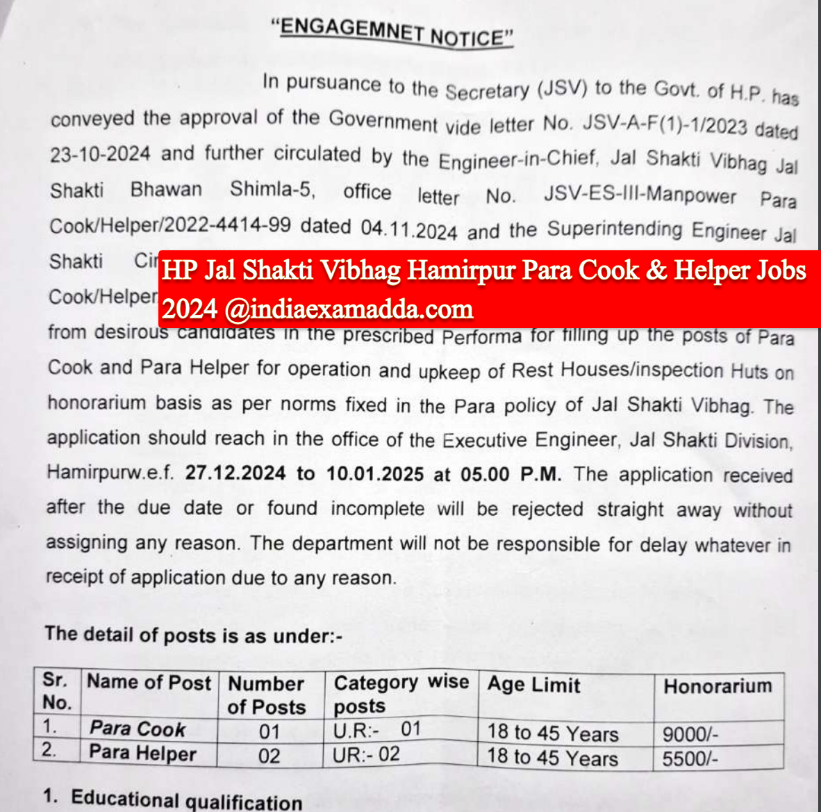 HP Jal Shakti Vibhag Hamirpur Para Cook & Helper Jobs 2024